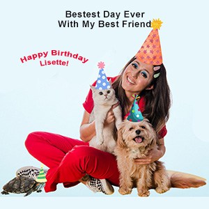 On the set of "Bestest Day Ever with My Best Friend!" Lisette with turtle, dog and cat all wearing party hats as this is Lisette's birthday.